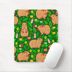 Capybara Sketch mit Frühlingsblumen auf Grün Mousepad