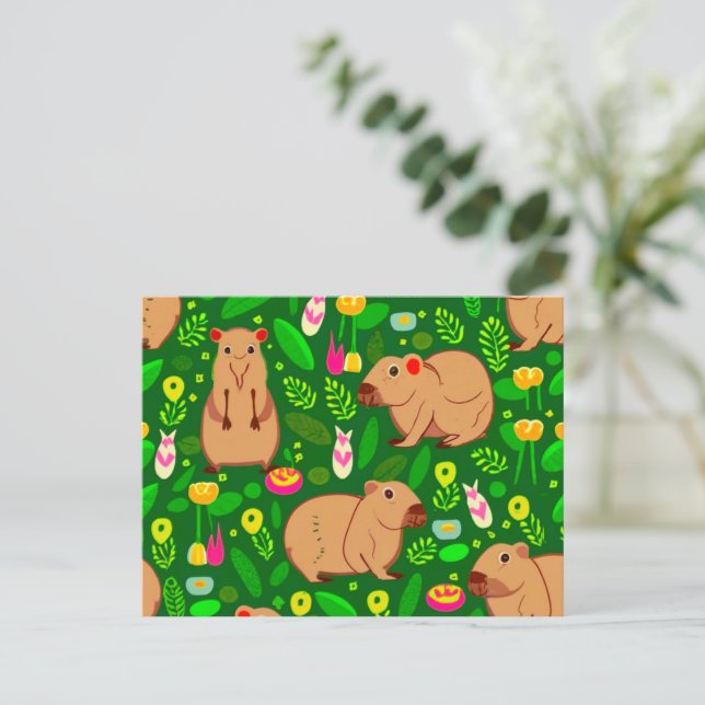 Capybara Sketch mit Frühlingsblumen auf Grün Postkarte (Stehend Vorderseite)