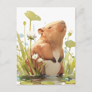 Capybara stehend im Teich mit Weißen Seerosen Postkarte
