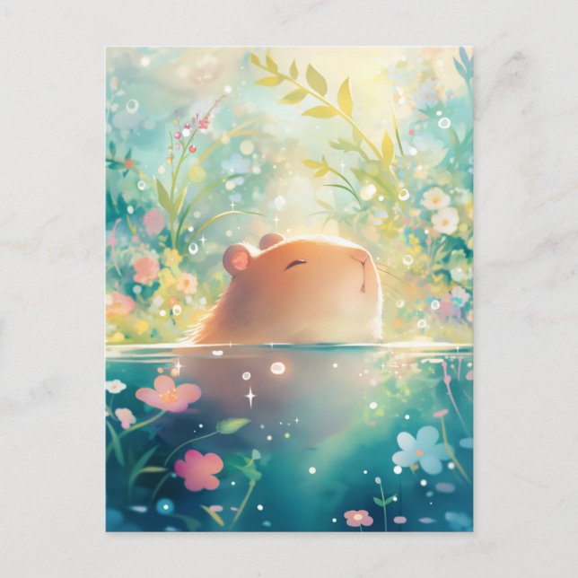 Capybara Swimming in Magical Wildflower Pond Postkarte (Vorderseite)