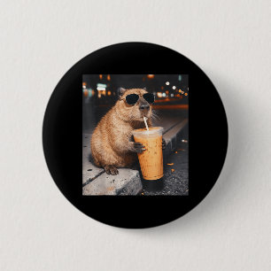 Capybara trinkt eisgekühlten Kaffee Lustiges Tier Button