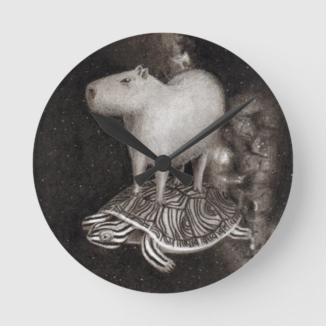 Capybara- und Dosenschildkrötefliegen durch das Runde Wanduhr (Vorderseite)