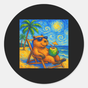 Capybara Van Gogh Kunst Lustiger Strand Sommer Fam Runder Aufkleber