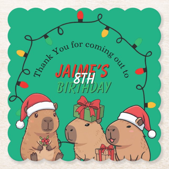 Capybara-Weihnachtslichter-Geburtstagsfeier  Untersetzer (Vorderseite)
