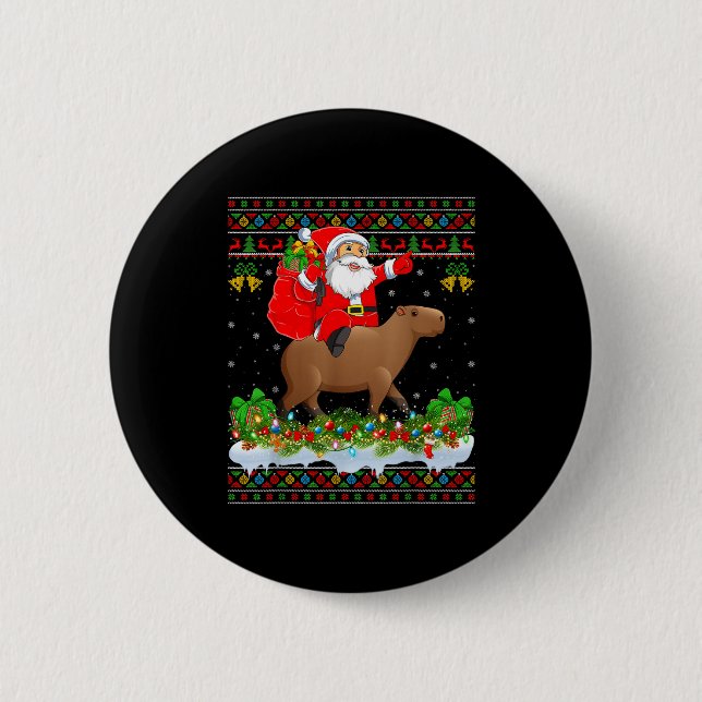 Capybara Xmas Pajamas Ugly Santa Riding Capybara C Button (Vorderseite)