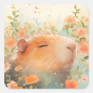 Capybara zwischen wilden Blüten schwimmend Quadratischer Aufkleber