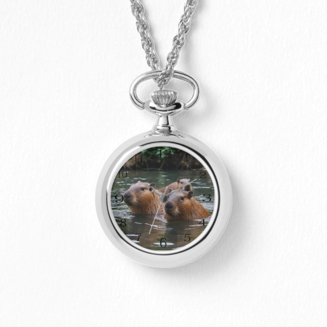 Capybaras Schwimmen im Fluss, Necklace Watch Armbanduhr (Vorderseite)