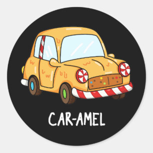 Car amel Funny Candy Car Pun Dark BG Runder Aufkleber