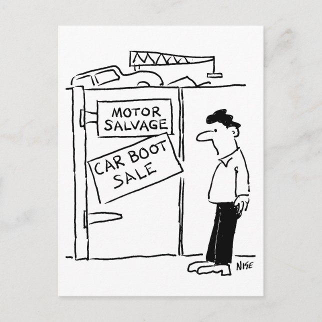 Car Boot Sale auf dem Cartoon Scrapyard Postkarte (Vorderseite)