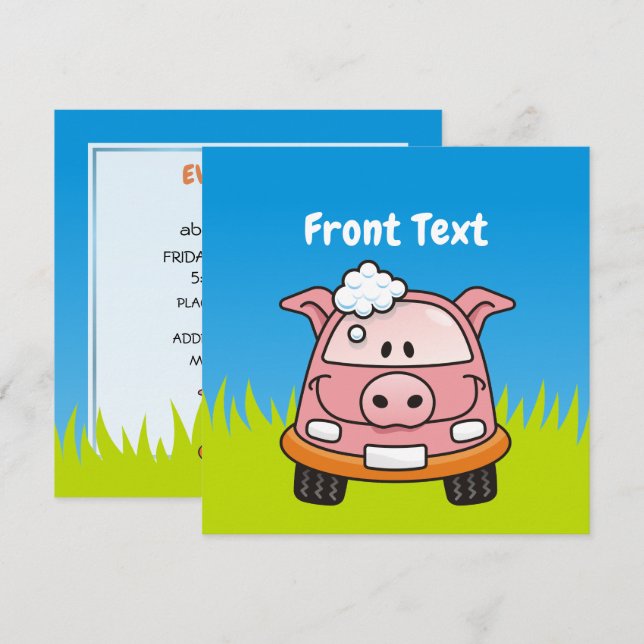 Car Wash Pig Einladung (Vorne/Hinten)