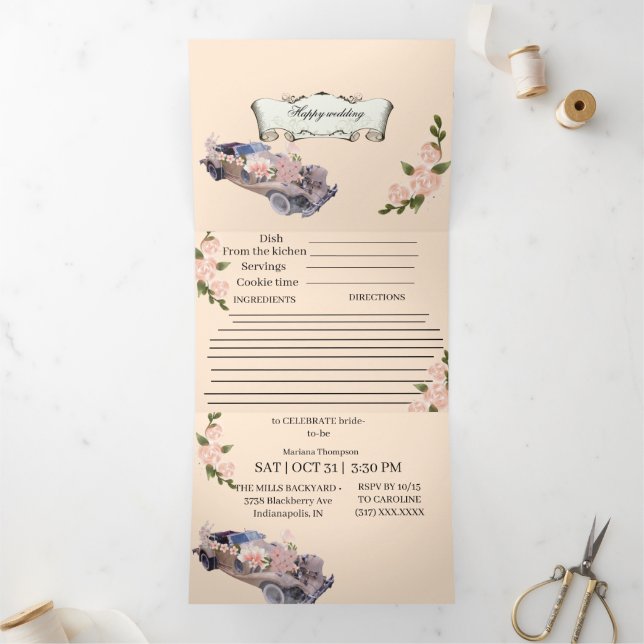 Car wedding Navy Floral Bridal Shower &Recipe All  Dreifach Gefaltete Einladung (Innenseite)