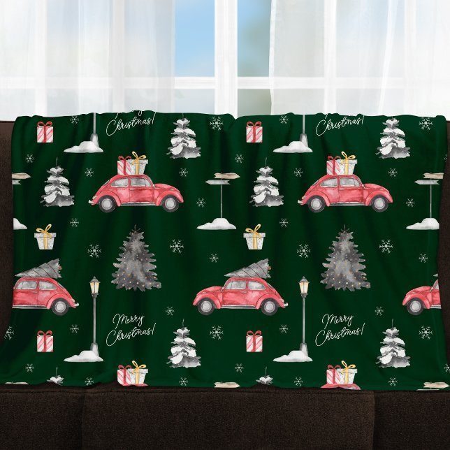 Car Winter Pattern Frohe Weihnachten Grün Medium Fleecedecke (Von Creator hochgeladen)