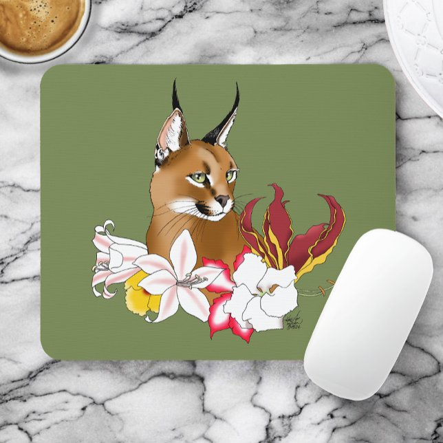 Caracal Wild Cat Floral Green Mousepad (Von Creator hochgeladen)