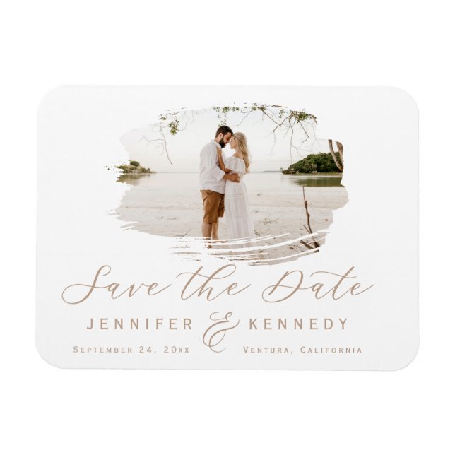 Caramel Beige Romantic Brushed Frame Save The Date Magnet (Horizontal)