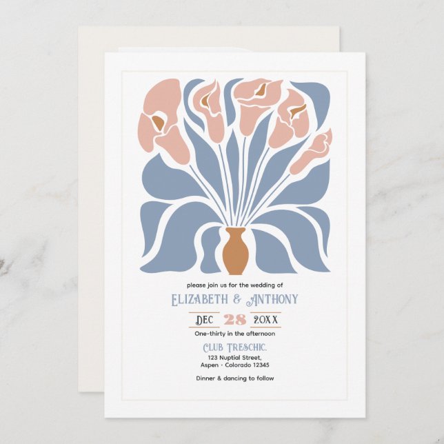 Caramel & Dusty Blue Abstract Floral Boho Wedding Einladung (Vorne/Hinten)
