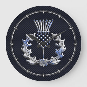 Carbon Fiber Print Silver Scottish Thistle Große Wanduhr