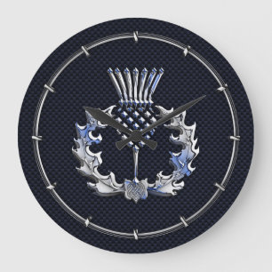 Carbon Fibre Print Silver Scottish Thistle Große Wanduhr