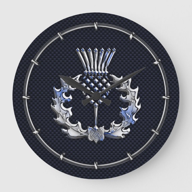 Carbon Fibre Print Silver Scottish Thistle Große Wanduhr (Vorderseite)