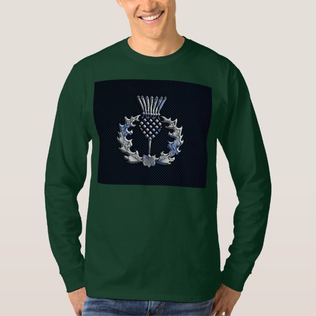 Carbon Fibre Print Silver Scottish Thistle T-Shirt (Vorderseite)