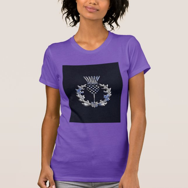 Carbon Fibre Print Silver Scottish Thistle T-Shirt (Vorderseite)