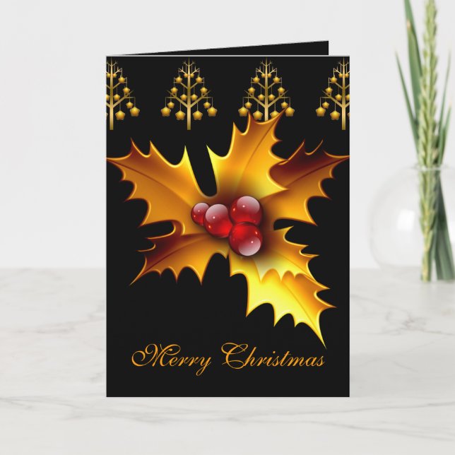 Card Merry Xmas Black Red Gold Holly Weihnachten (Vorderseite)