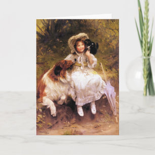 Card or Invitation: Pet Collie Dog, Girl and Cat Karte