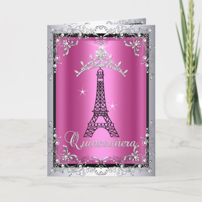 Card Quinceanera Pink Silver Tiara Eiffelturm Einladung (Vorderseite)
