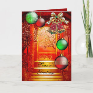 Card Season's Greetings Red Green Weihnachtsglocke Feiertagskarte
