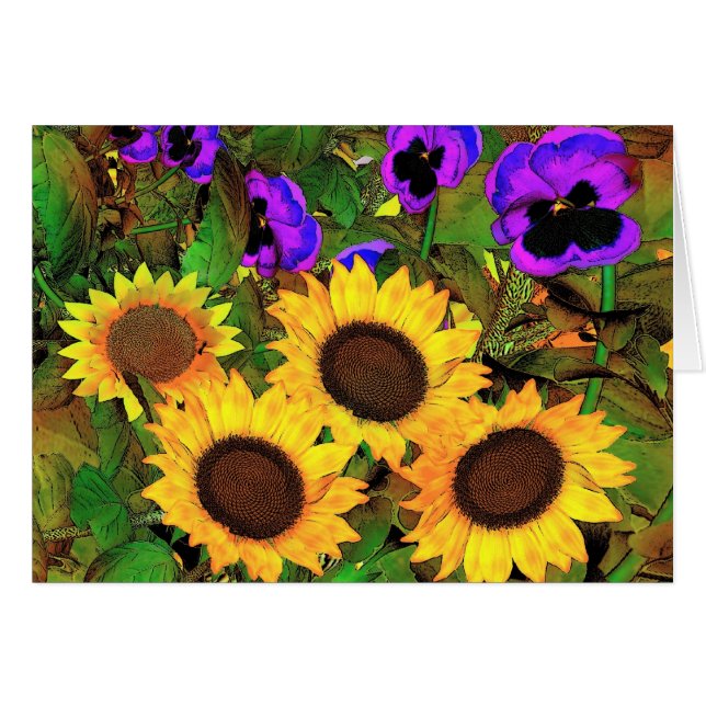 Card Sonnenblumen und Stiefmütterchen (Vorderseite (Horizontal))