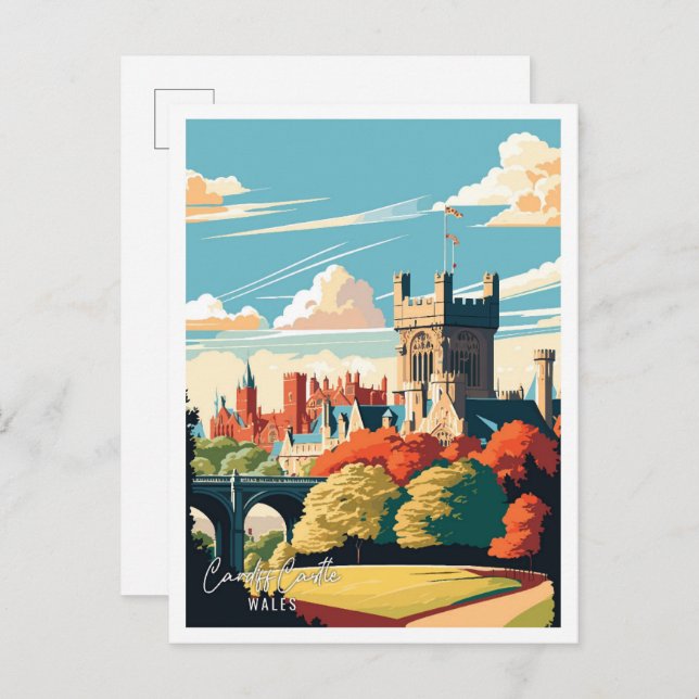 Cardiff Castle Wales Vintage Reise Illustration Postkarte (Vorne/Hinten)