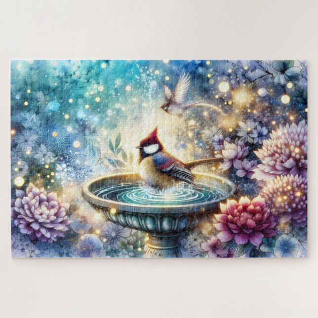 Cardinal at Birdbath Dreamy Garden Ar Puzzle (Horizontal)