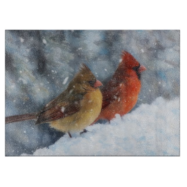 Cardinal Bird Couple in Snow Art Glass Schneidebrett (Vorderseite)