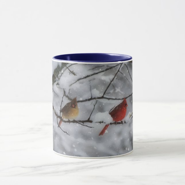 Cardinal Bird Couple in Snow Tree Nature Mug Tasse (Zentrum)