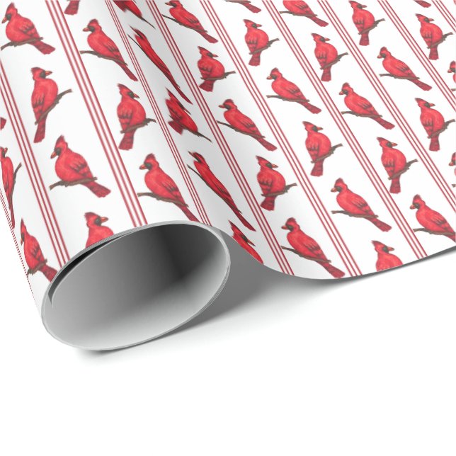Cardinal Bird Stripes Wrapping Paper Geschenkpapier (Rolleneckpunkt)