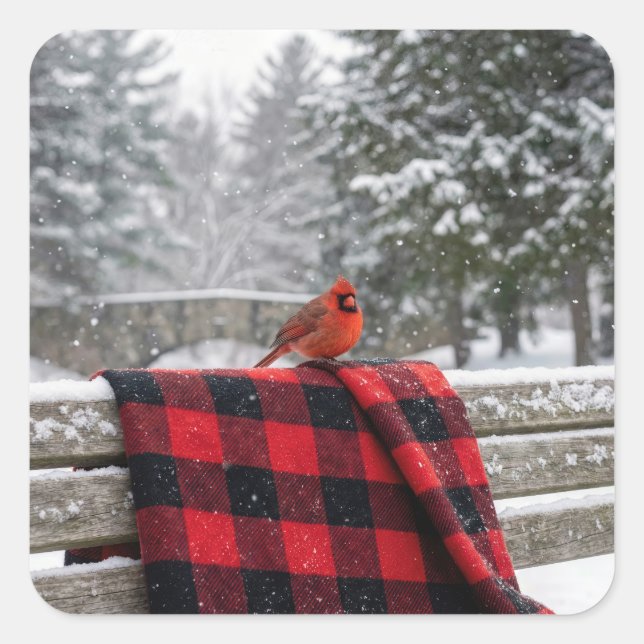 Cardinal On a Snowy Plaid Blanket Quadratischer Aufkleber (Vorderseite)