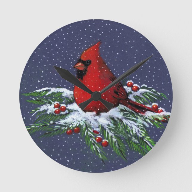 Cardinal on Snowy Pine Branch: Christmas: Artwork Runde Wanduhr (Vorderseite)