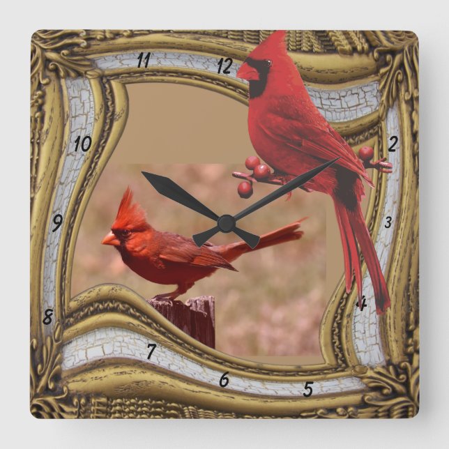 CARDINAL ON THE FRAME   SQUARE WALL CLOCK QUADRATISCHE WANDUHR (Vorderseite)