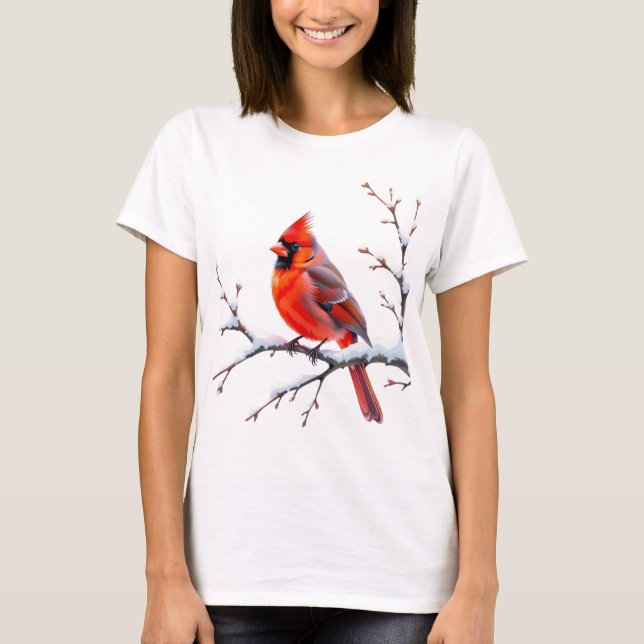 Cardinal rouge sur branche enneigée – Beauté hiver T-Shirt (Vorderseite)