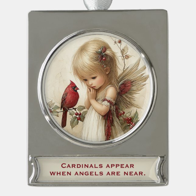 Cardinals Appear – Angelic Christmas Keepsake Banner-Ornament Silber (Vorderseite)
