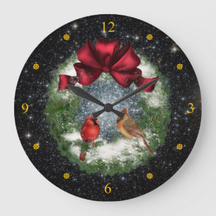 Cardinals ~ Christmas Wreath ~ Night Sky ~ Große Wanduhr