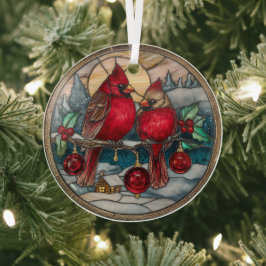 Cardinals on Holly Branch with Snowy Cabin  Ornament Aus Glas