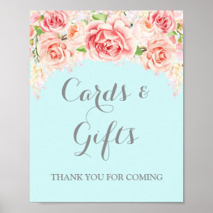Cards and Gifts Sign Pink Watercolor Flowers Blue Poster
