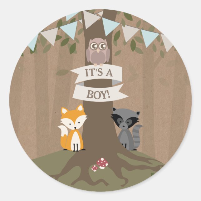 Cardstock Inspiriert Woodland Baby Shower Boy Runder Aufkleber (Vorderseite)