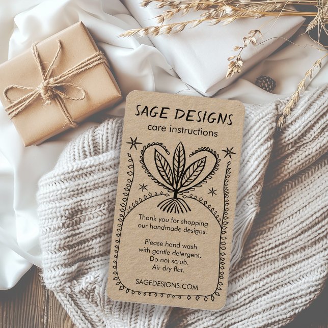 CARE ANWEISUNGEN Boho Whimsical Line Art Kraft Visitenkarte (CARE INSTRUCTIONS Boho Whimsical Line Art Kraft Business Card Order Packaging Craft Handmade)