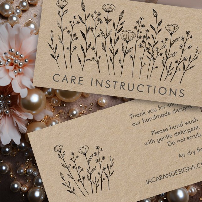 CARE ANWEISUNGEN Chic Elegant Wildblume Kraft Visitenkarte (CARE INSTRUCTIONS Chic Elegant Wildflower Kraft Business Card
)