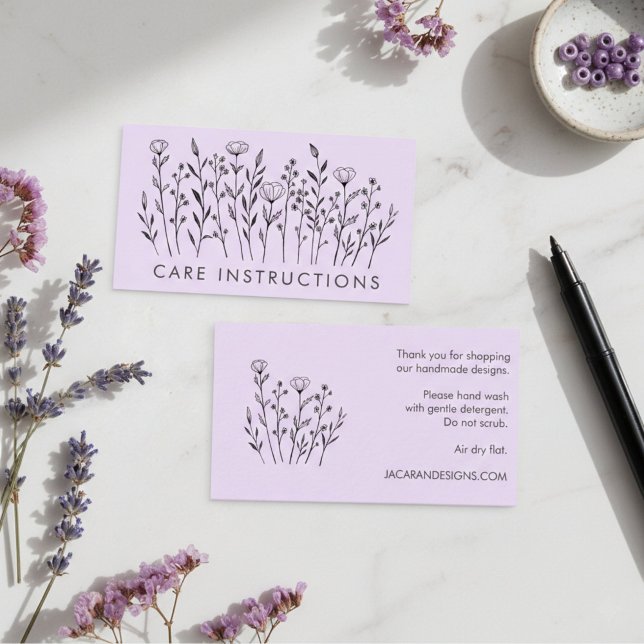 CARE ANWEISUNGEN Chic Elegante Wildblume Lavendel Visitenkarte (CARE INSTRUCTIONS Chic Elegant Wildflower Lavender Business Card
)
