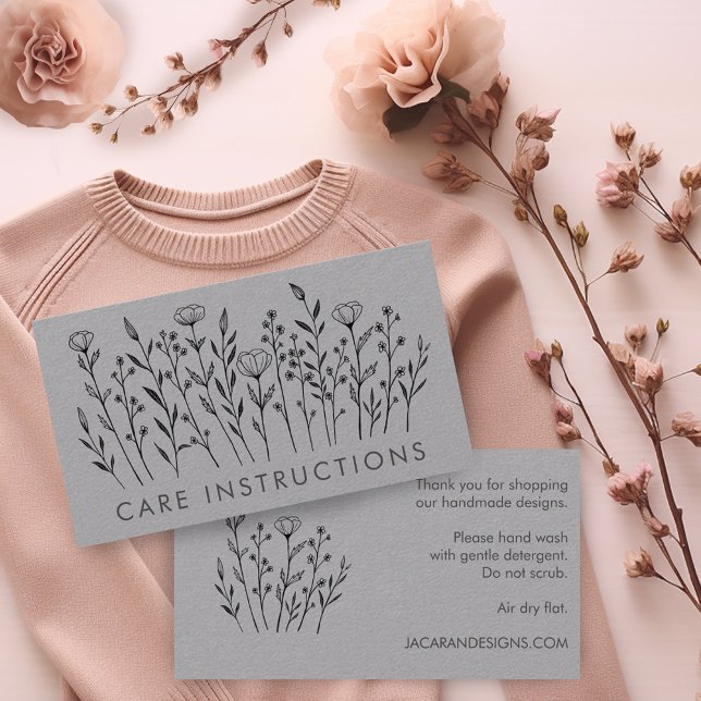 CARE ANWEISUNGEN Chic Elegante Wildblume Luxe Visitenkarte (Custom "care instructions" business card with wildflower line art)