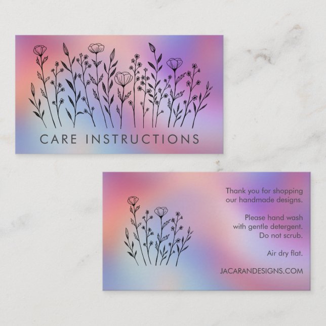 CARE INSTRUCTIONS Chic Elegant Wildflower TieDye Visitenkarte (Vorne/Hinten)