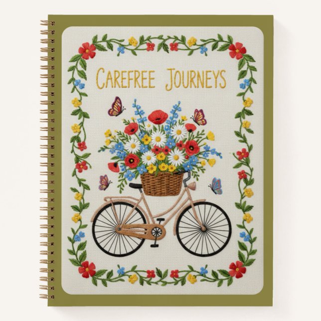 Carefree Journeys Embroidered Vintage Bicycle  Notizbuch (Vorderseite)