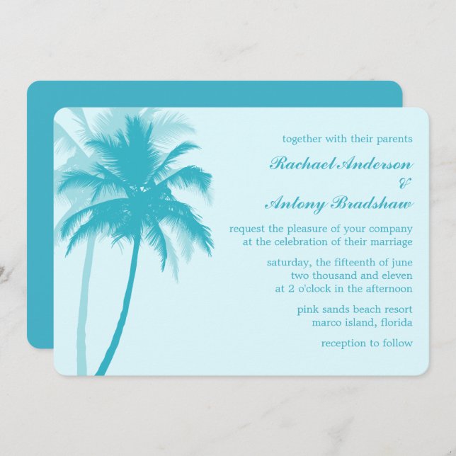 Caribbean Blue Palm Trees Tropical Wedding Einladung (Vorne/Hinten)